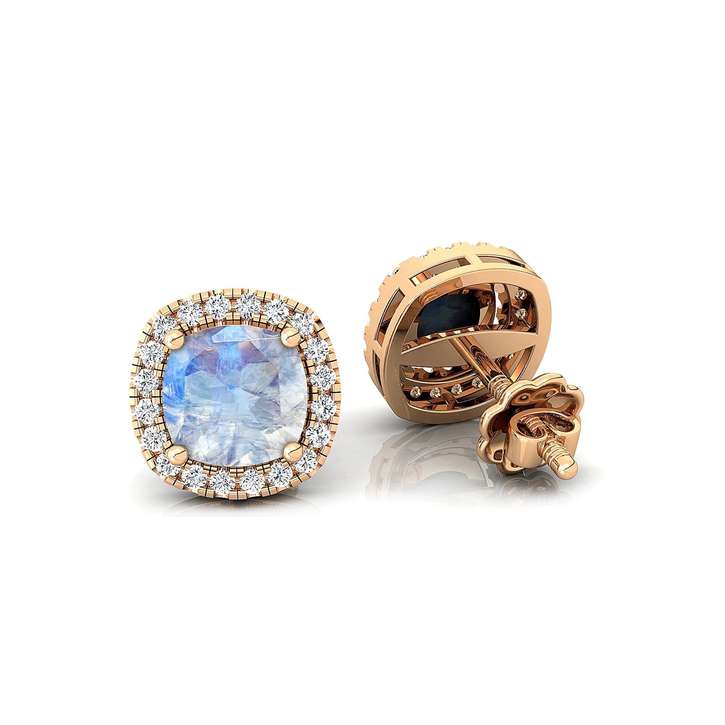 Natural Rainbow Moonstone Cushion Cut Rhodium Plated Push Back Stud Earrings With Real Diamonds 18k Solid Gold Halo Stud Earring