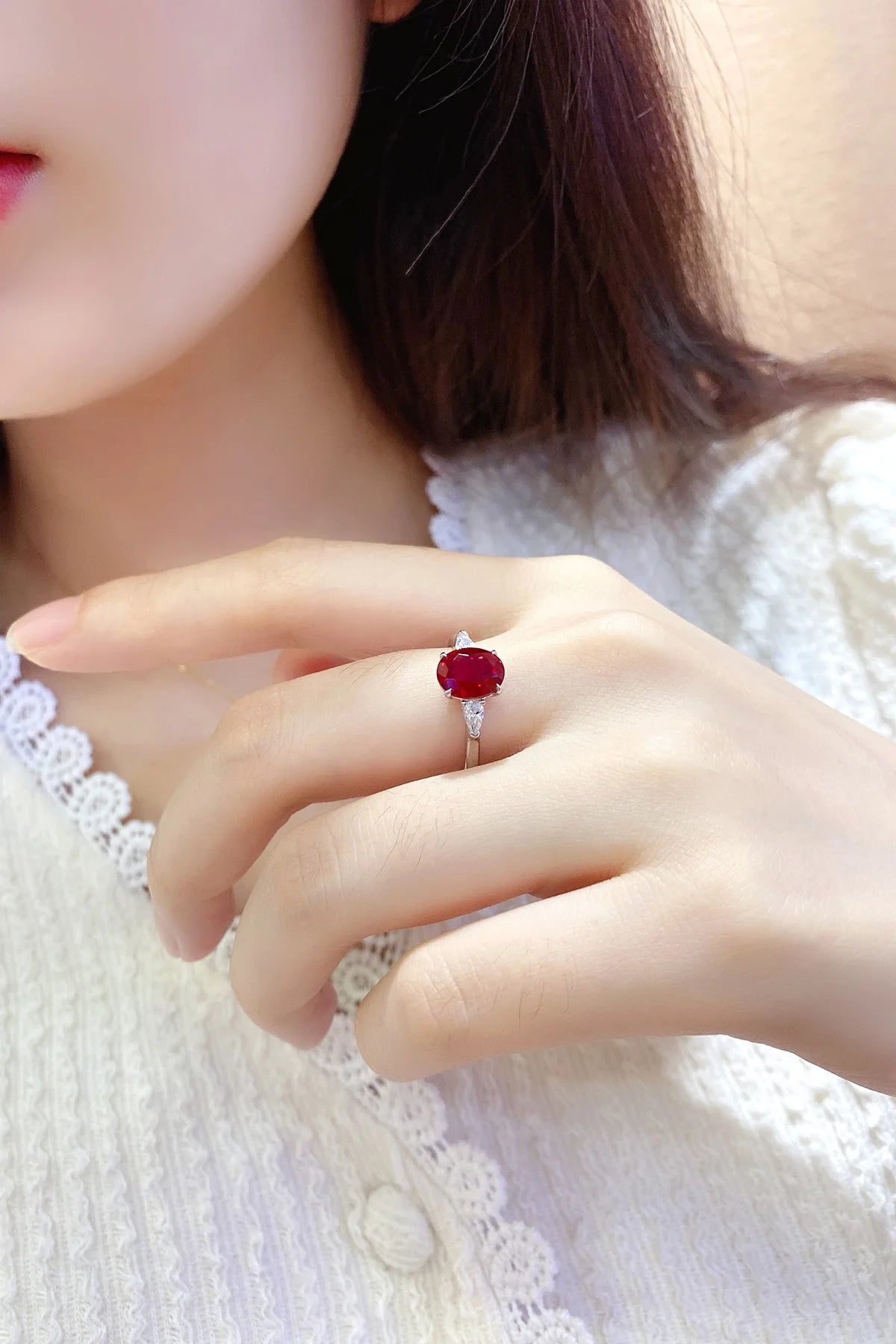 Gemfiori Anster Lab Made Diamonds and Ring S925 Sterling Silver Oval Cut Lab Created Ruby Women Ring