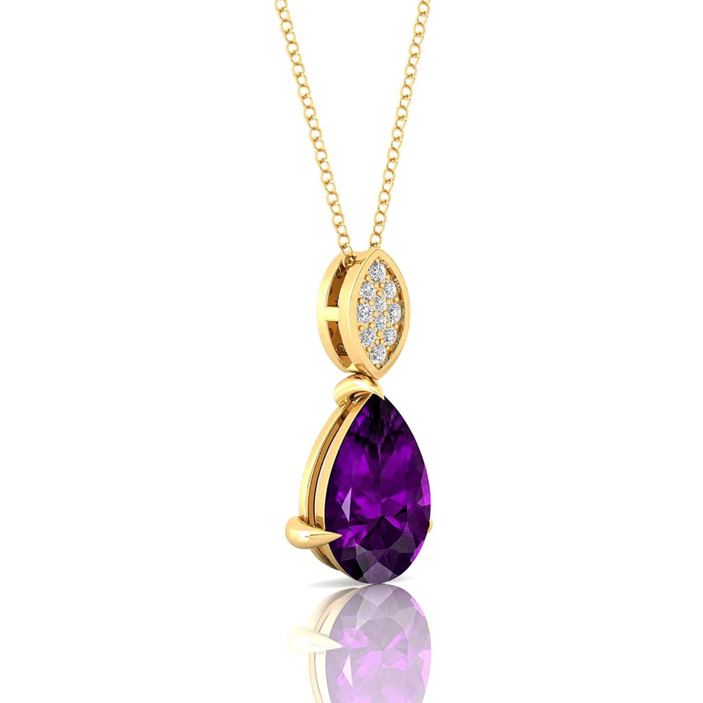 18kt Solid Gold Natural Amethyst Gemstone Real Diamond Teardrop Pendant Necklace Cute Rhodium Plated Luxurious Handmade Jewelry