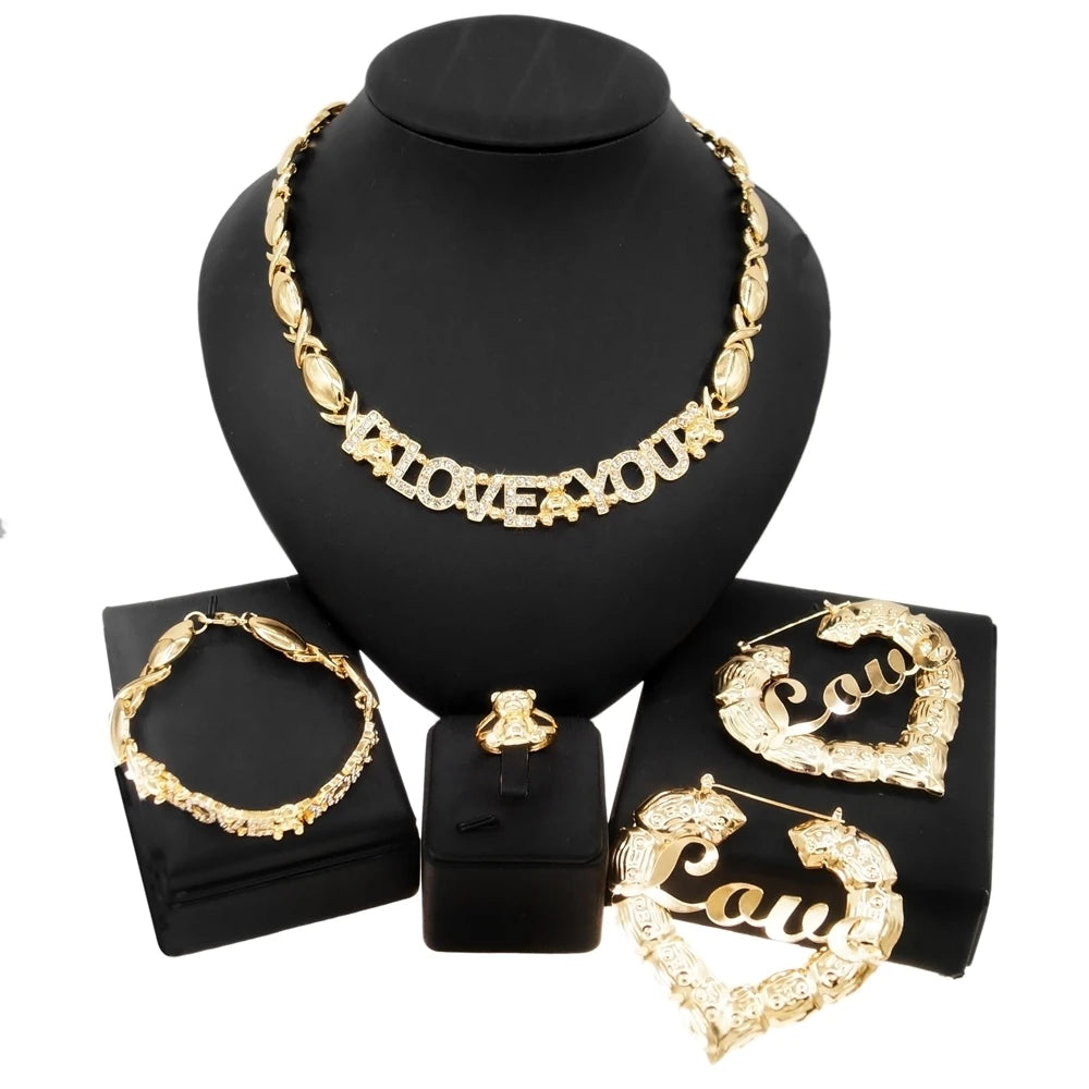 Zhuerrui Factory Direct I Love You Shiny Necklace Jewellery Set American Wedding Women Party Beautiful Gold Plated Sets X0142