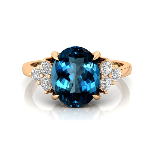 Solid 14k Gold Classic Unique Oval Shape Natural London Blue Topaz Gemstone Real Diamond Cluster Pave Setting Premium Designer