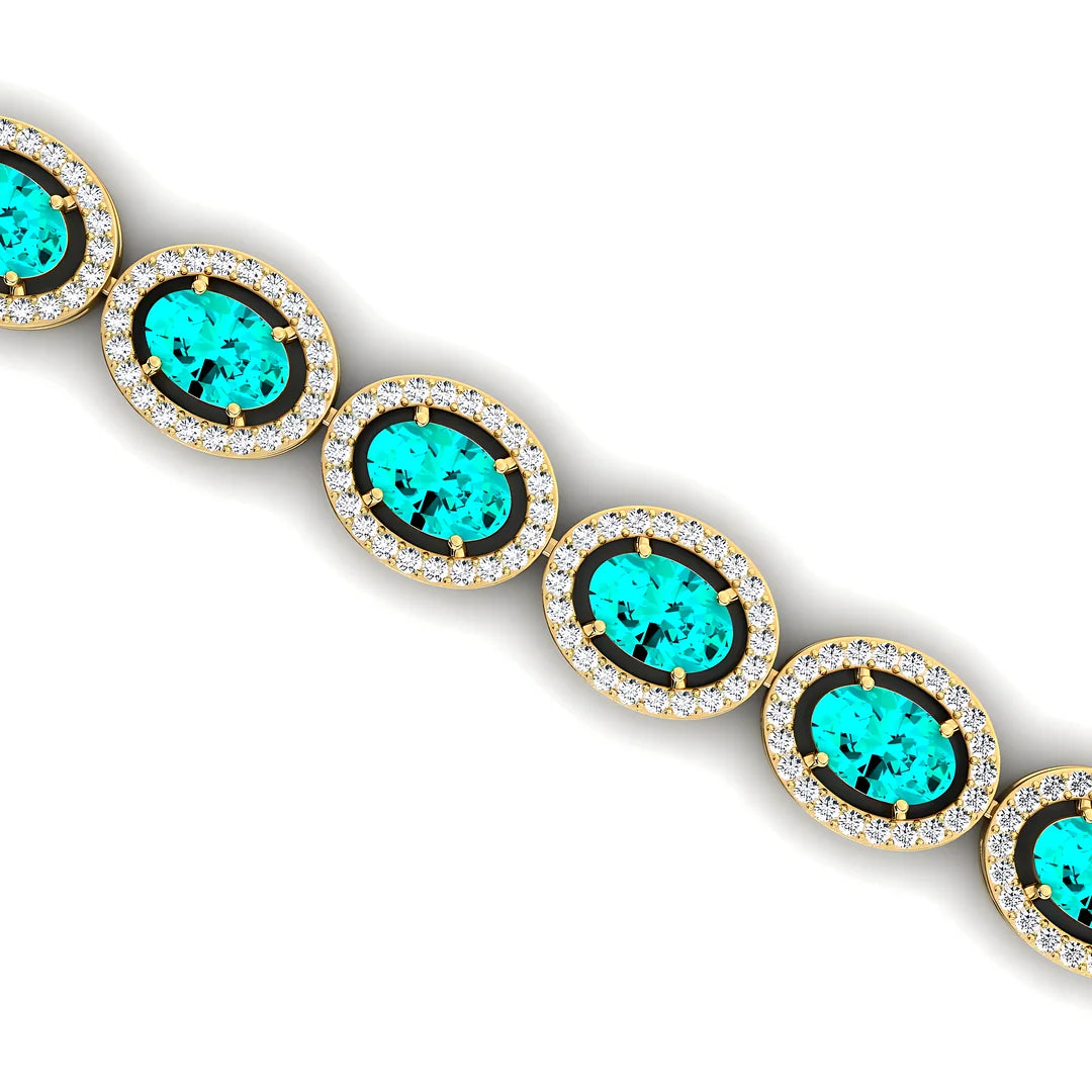 14k Gold Oval Lab Paraiba Tourmaline Gemstone & Diamond Tennis Chain Bracelet Custom New Fine Jewelry Unisexual Tennis Bracelets