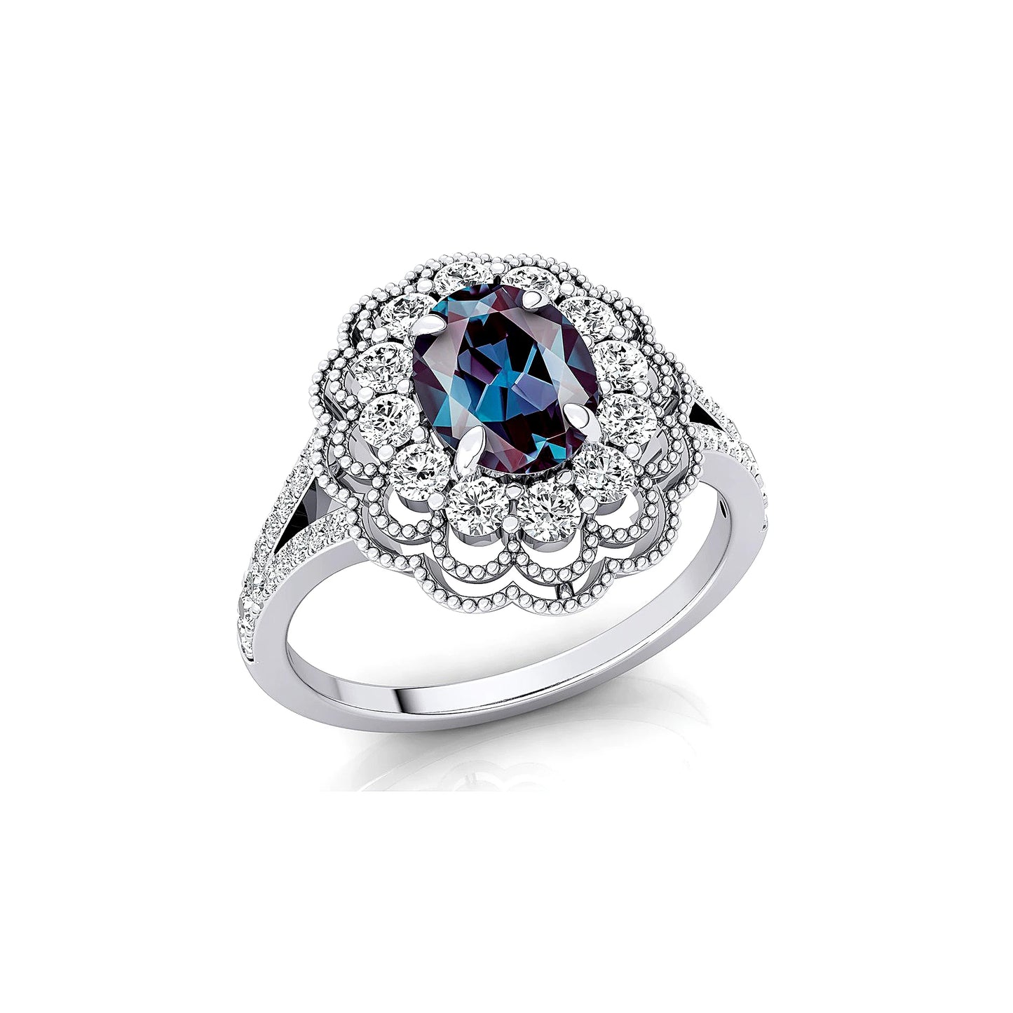 Oval Shape Lab Grown Alexandrite Gemstone Designer Dainty Rings Unisex 18k Solid Gold Studded Natural Diamonds Wedding Classic