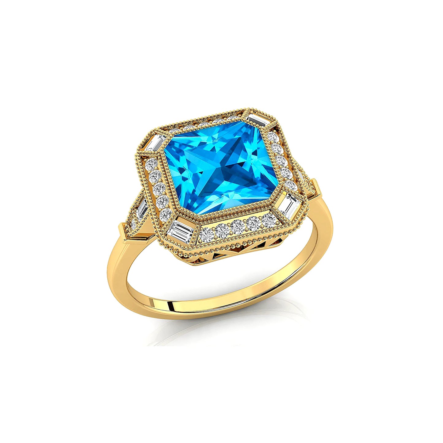 18k Solid Gold Rings Swiss Blue Topaz Gemstone Fine Real White Diamonds Baguette Cut Rhodium Plated Jewelry Weddings Ring Gift