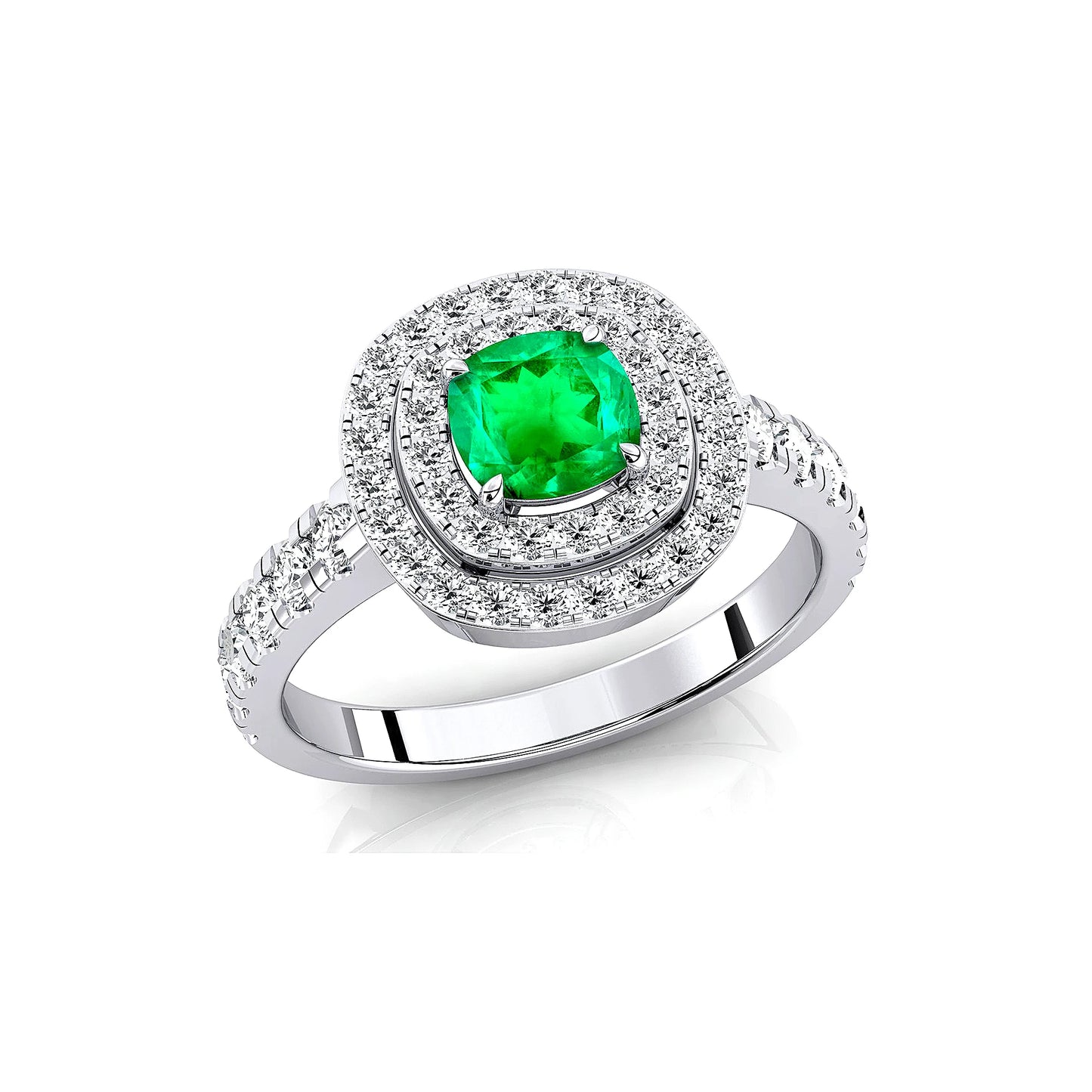 Lab Grown Emerald Gemstone Wedding Rings with Real White Diamonds Cushion Cut Halo Design Premium 18k Solid Gold Rhodium Plated