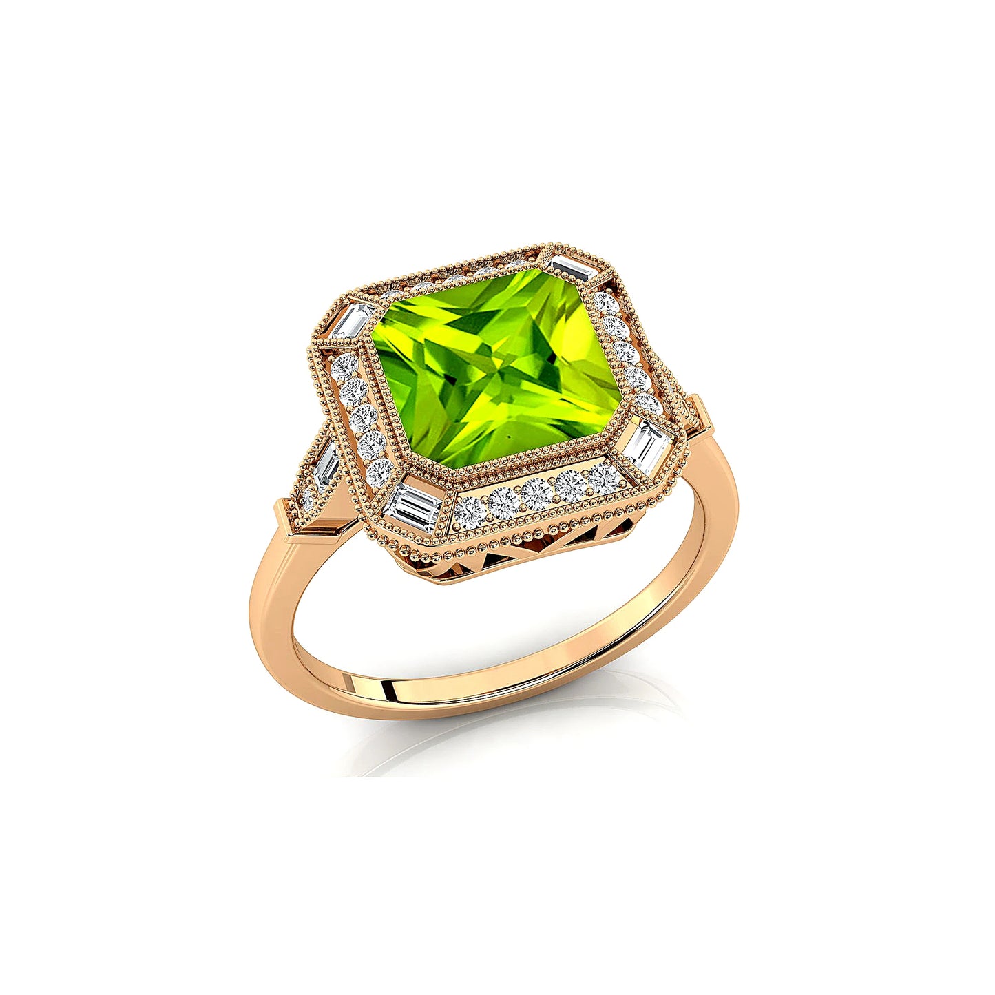 Natural Peridot Gemstone Halo Solitaire Rings 18k Solid Gold Natural White Diamonds Rhodium Plated Halo Solitaire Ring For Her