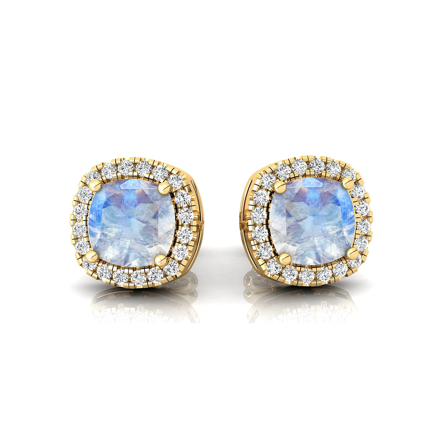 Natural Rainbow Moonstone Cushion Cut Rhodium Plated Push Back Stud Earrings With Real Diamonds 18k Solid Gold Halo Stud Earring