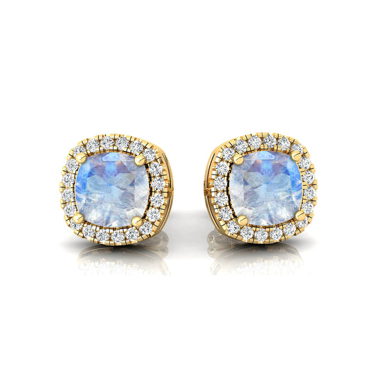 Natural Rainbow Moonstone Cushion Cut Rhodium Plated Push Back Stud Earrings With Real Diamonds 18k Solid Gold Halo Stud Earring