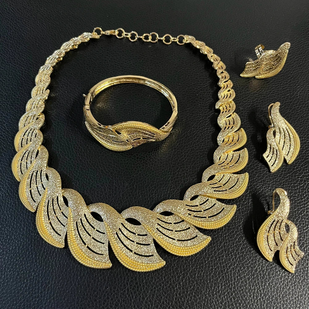 Zhuerrui Italian Gold Plated Jewelry Set Hollow Fan Streamline Necklace Earrings Bracelet Ring Women Ceremony Accessory I0003820