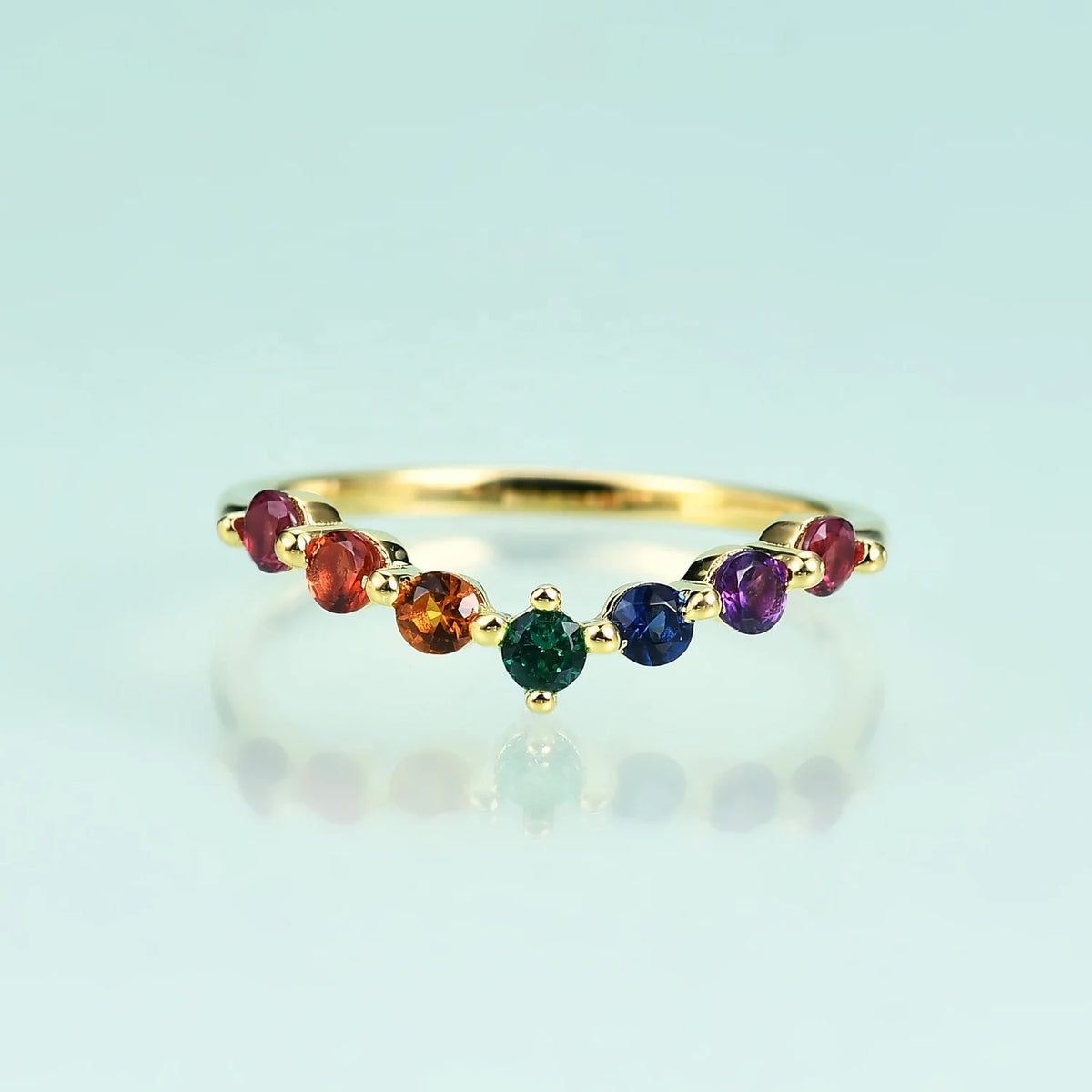 ArtistA V Shape Seven Stone Minimalistic Simple Stackable 925 Sterling Silver CZ Opal Multi Gemstone Ring Bands