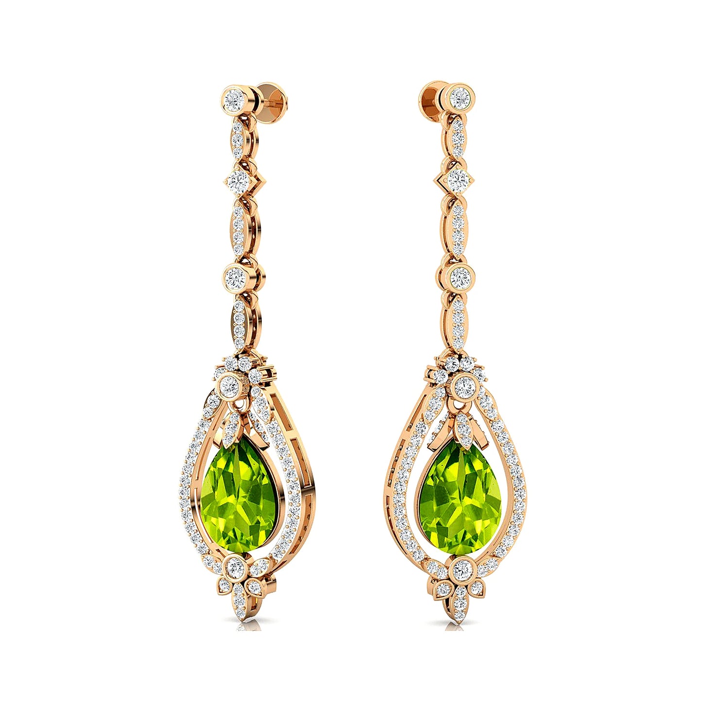 Solid Gold 18Kt Natural Peridot Gemstone Real Diamond Trendy Design Dangle Drop Earrings Cute Wedding Gift Party Rhodium Plated
