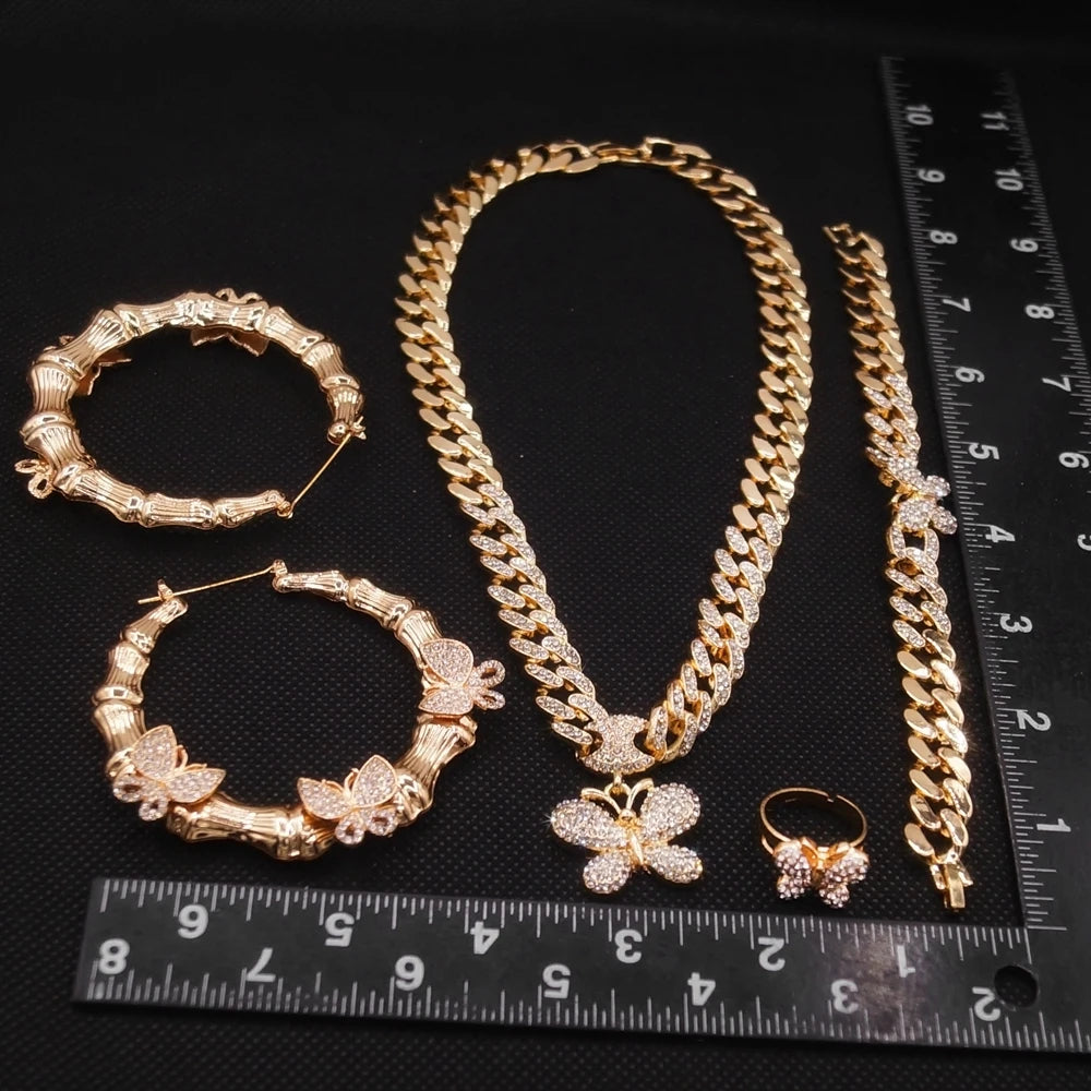 Zhuerrui Butterfly Women's Cuban Chain Bridal Jewelry Sets Famous Brands Hip Hop Style 18 Carat Gold Bridal XO Jewelry Set Z0029