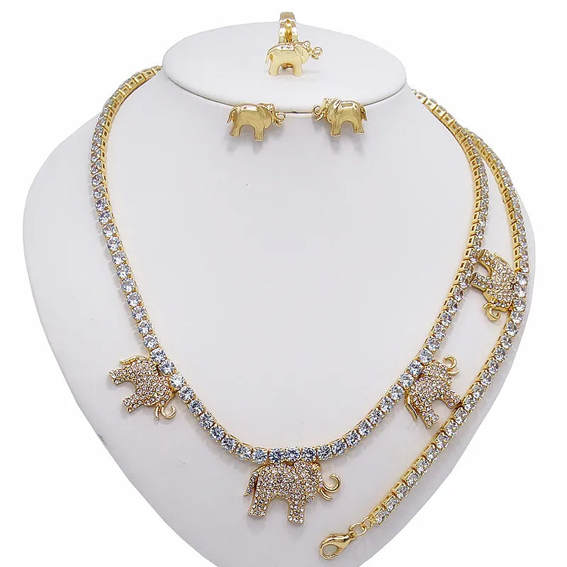 Zhuerrui Crystal Elephant I Love You Hug and Kiss Jewelry Set 14k Gold Plating Wedding Party Jewelry Set for Woman Gift X0067
