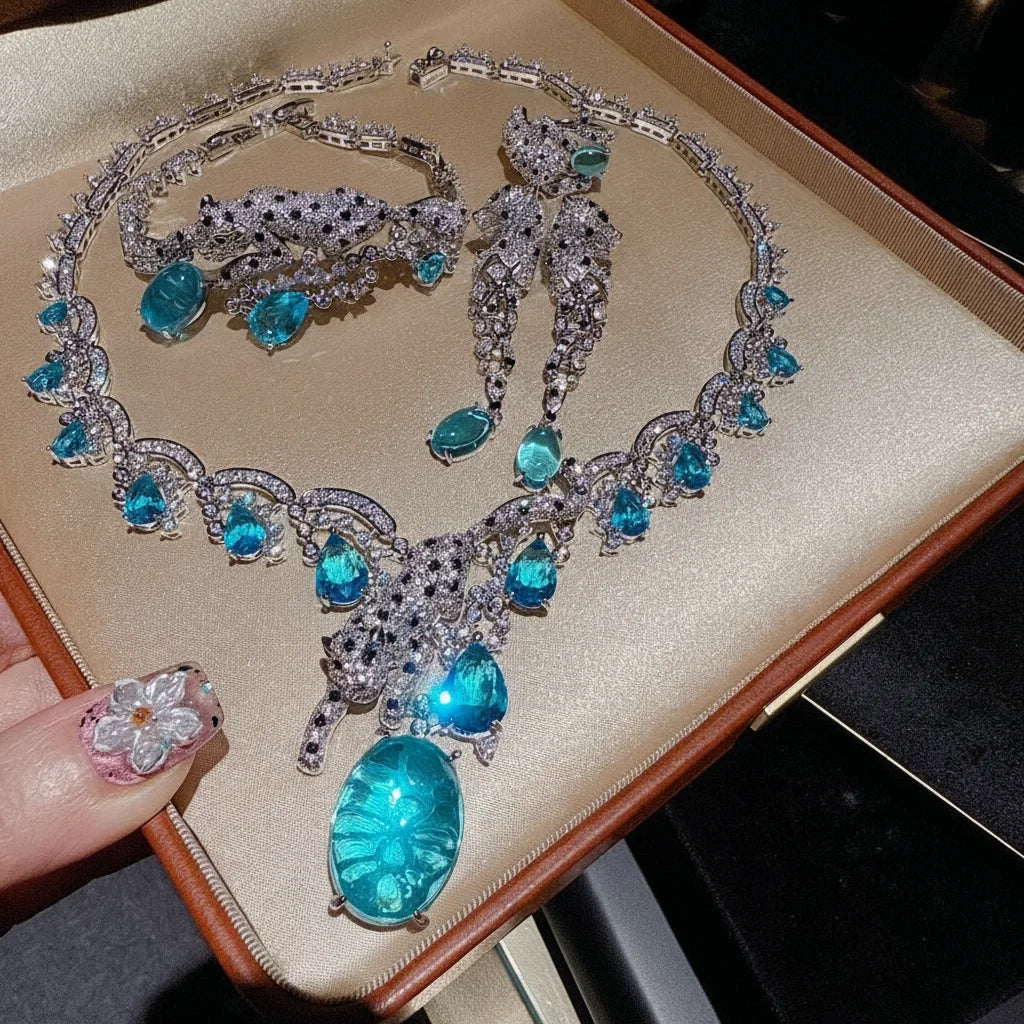 Famous Brand Leopard Design 4pcs Jewelry Sets Luxury Aqua Blue Zirconia Gorgeous Leopard Necklace 4Pcs Wedding Jewelry Sets