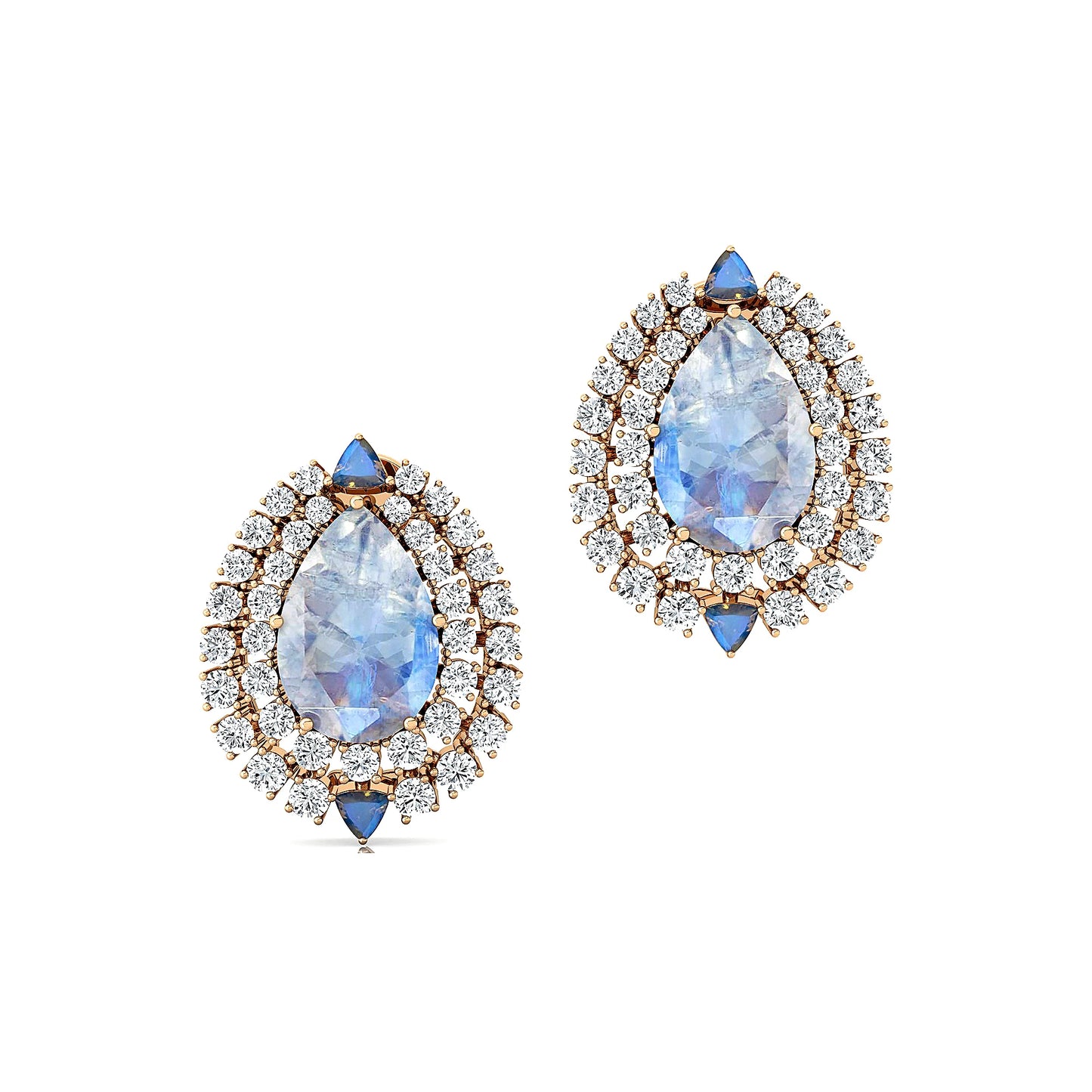 Luxurious Fashionable Cute 18k Solid Halo Stud Earrings Natural Rainbow Moonstone Real Diamonds Gift 14k Solid Gold Jewelry