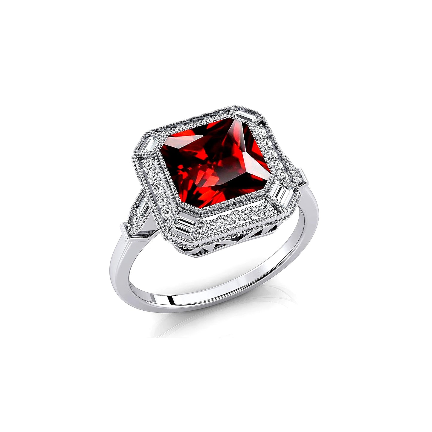 Solid Gold Natural Garnet Gemstone Fine Real Diamonds Bezel Setting Rhodium Plated Wedding Engagement Halo Ring Jewelry For Her