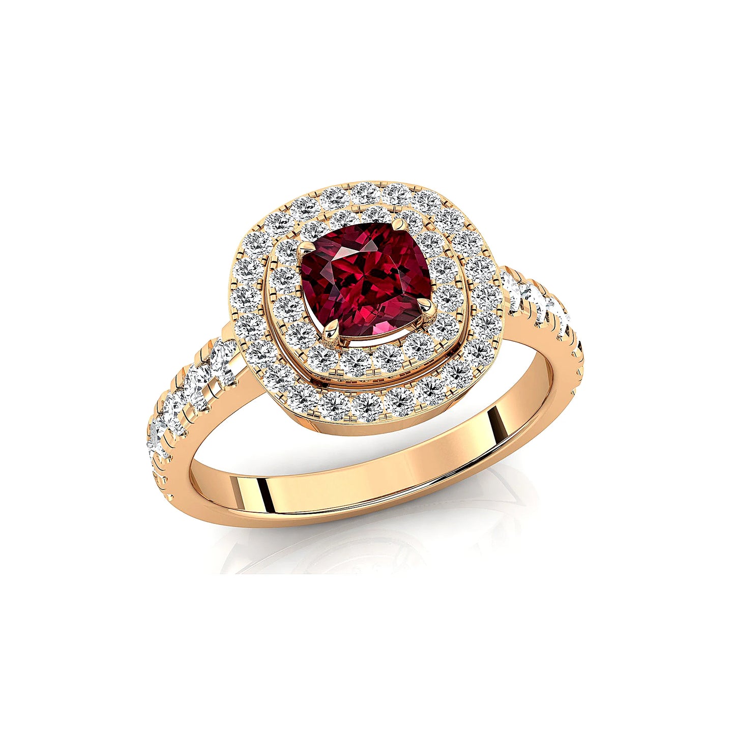 18kt Solid Gold 5mm Cushion Cut Natural Garnet Real Diamonds Rhodium Plated Prong Setting Halo Ring Fine Jewelry OEM Wholesale