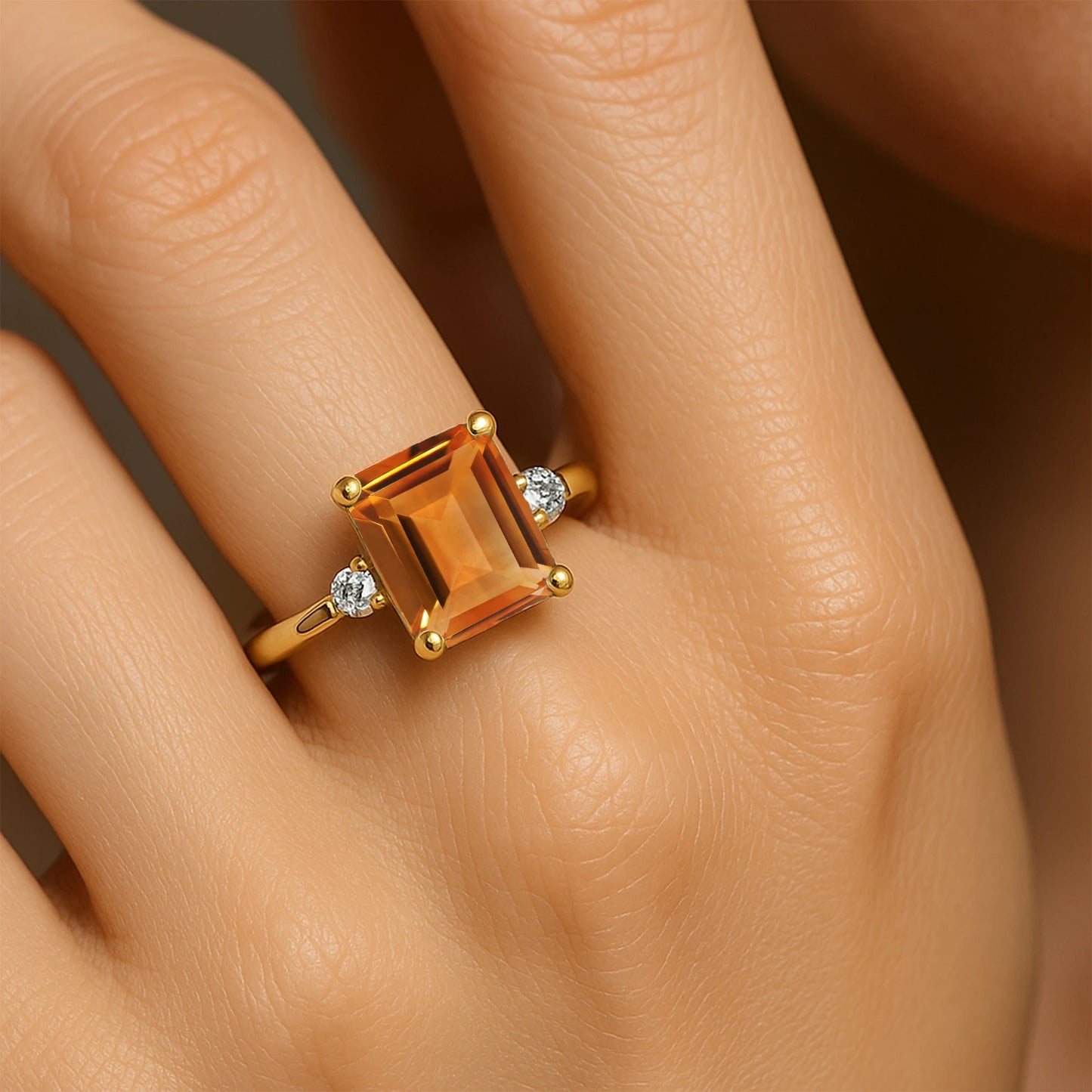 7X9 Emerald Cut Natural Citrine Gemstone 18K Gold Vintage Women's Wedding Ring IGI Certified Engagement Ring OEM Jewelry