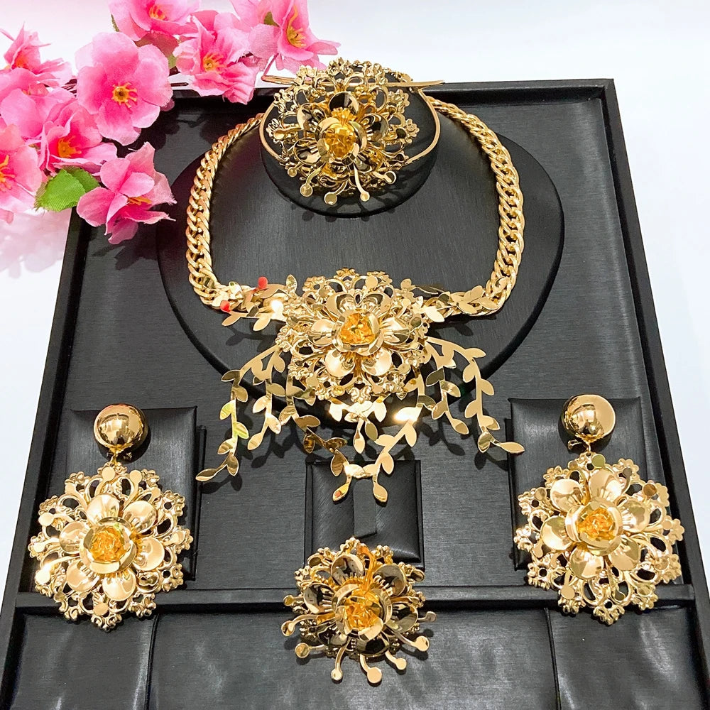 Zhuerrui Luxury 18K Gold Plated Hollow Floral Leaf 4PCS Jewelry Set Brazilian African Necklace Earrings Bracelet Ring HK049822