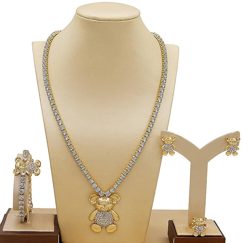Zhuerrui Crystal Big Teddy Bear I Love You Jewelry Sets 18 Karat Brazil's Golden Hug and Kiss Girls Teddy Fine Jewelry Set X0071