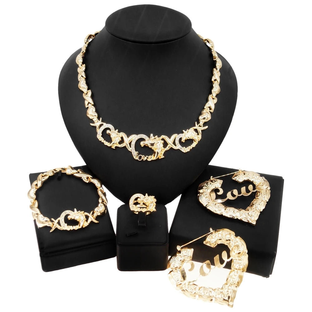 Zhuerrui Unicorn Xoxo Jewelry Sets I Love You Hug and Kiss Horse Big Earrings Necklace Set African Costume Jewellery Set X0144