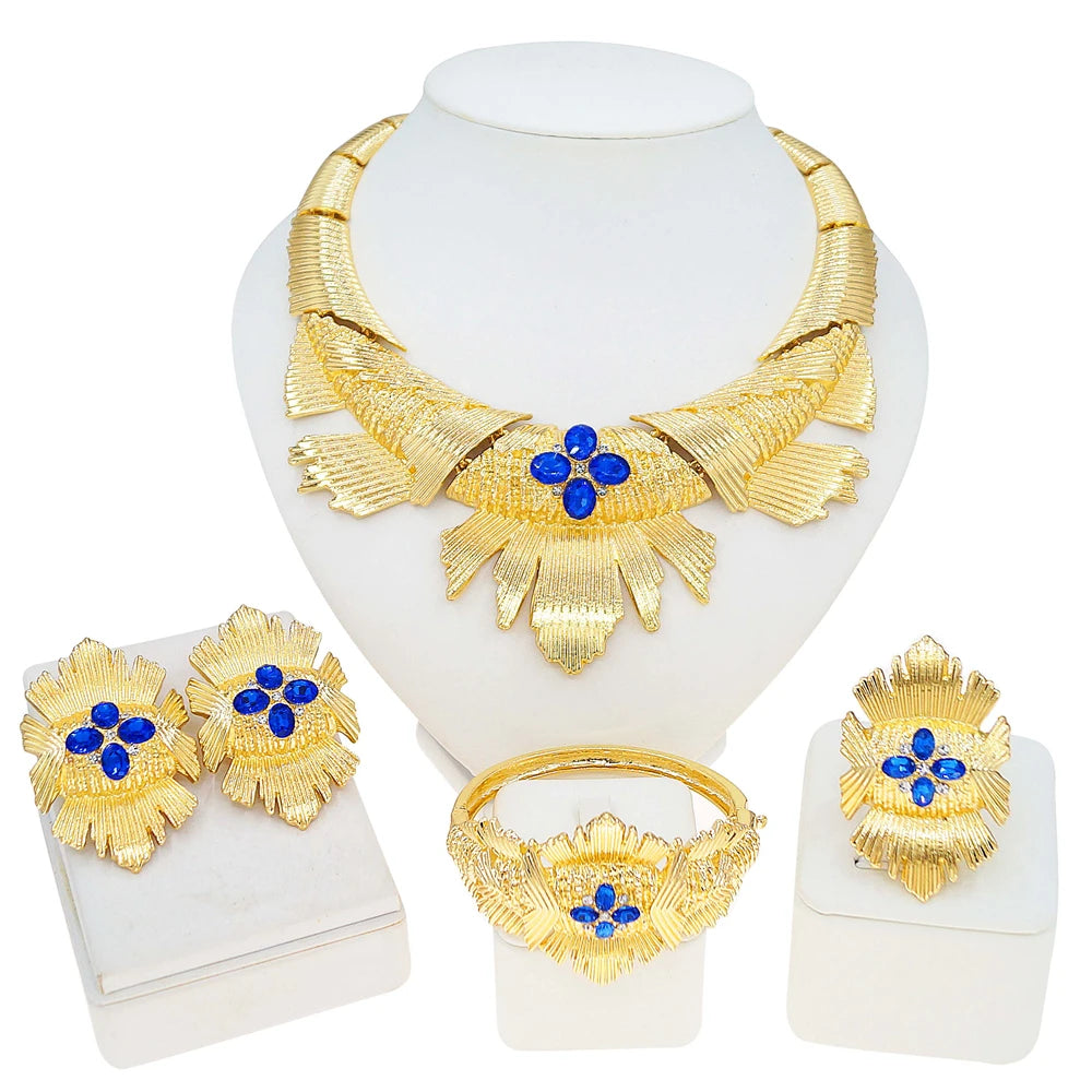 Zhuerrui Dubai Gold Plated Jewelry Set Blue Stone Inlaid Statement Fan Necklace Earrings Bracelet Ring Women Ceremony I005220