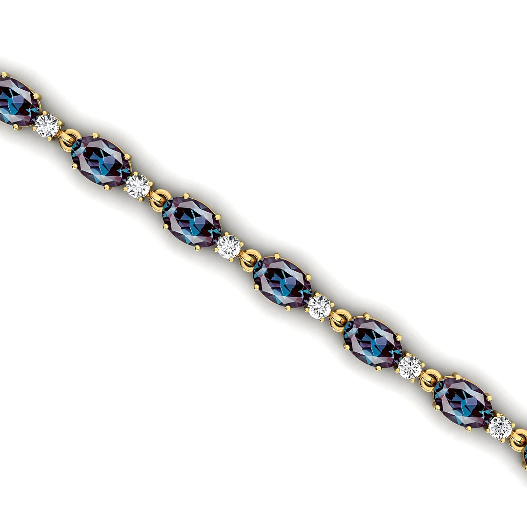 Oval Cut Lab-grown Alexandrite & Natural Round Diamonds Tennis Chain Bracelets Fine Jewelry 14K Gold Tennis Link Chain Bracelet