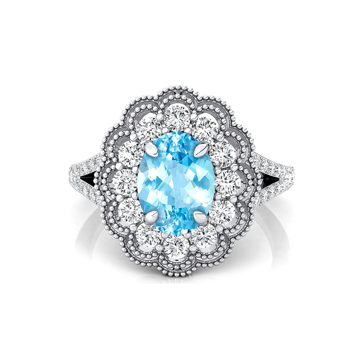 Flower Cluster Original Blue Aquamarine Oval Cut Diamond Promise Ring 14K Gold Rhodium Plated Wedding Engagement Party Gift
