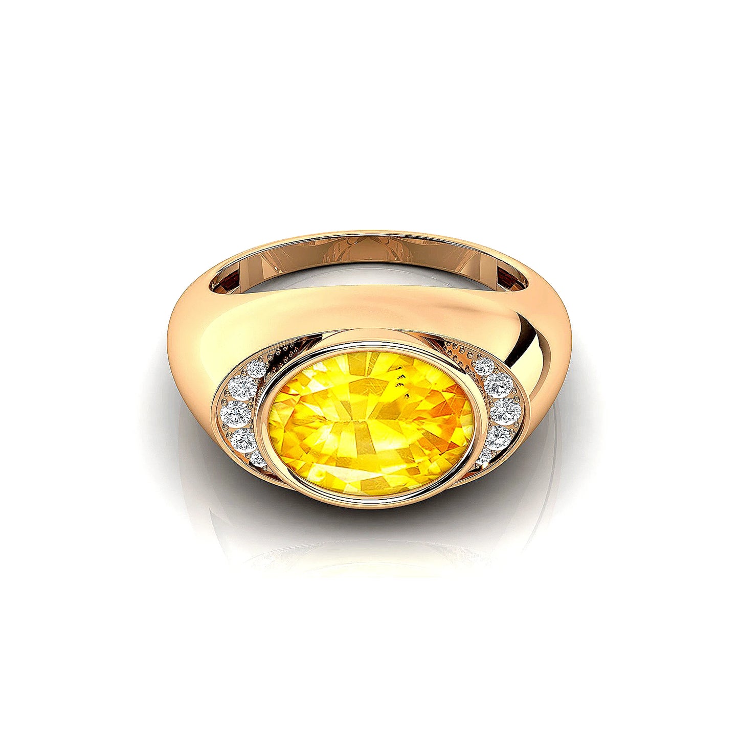18kt Gold Oval Cut Lab Grown Yellow Sapphire Gemstone Ring Natural Side Diamonds With Bezel Set Center Stone Sapphire Ring