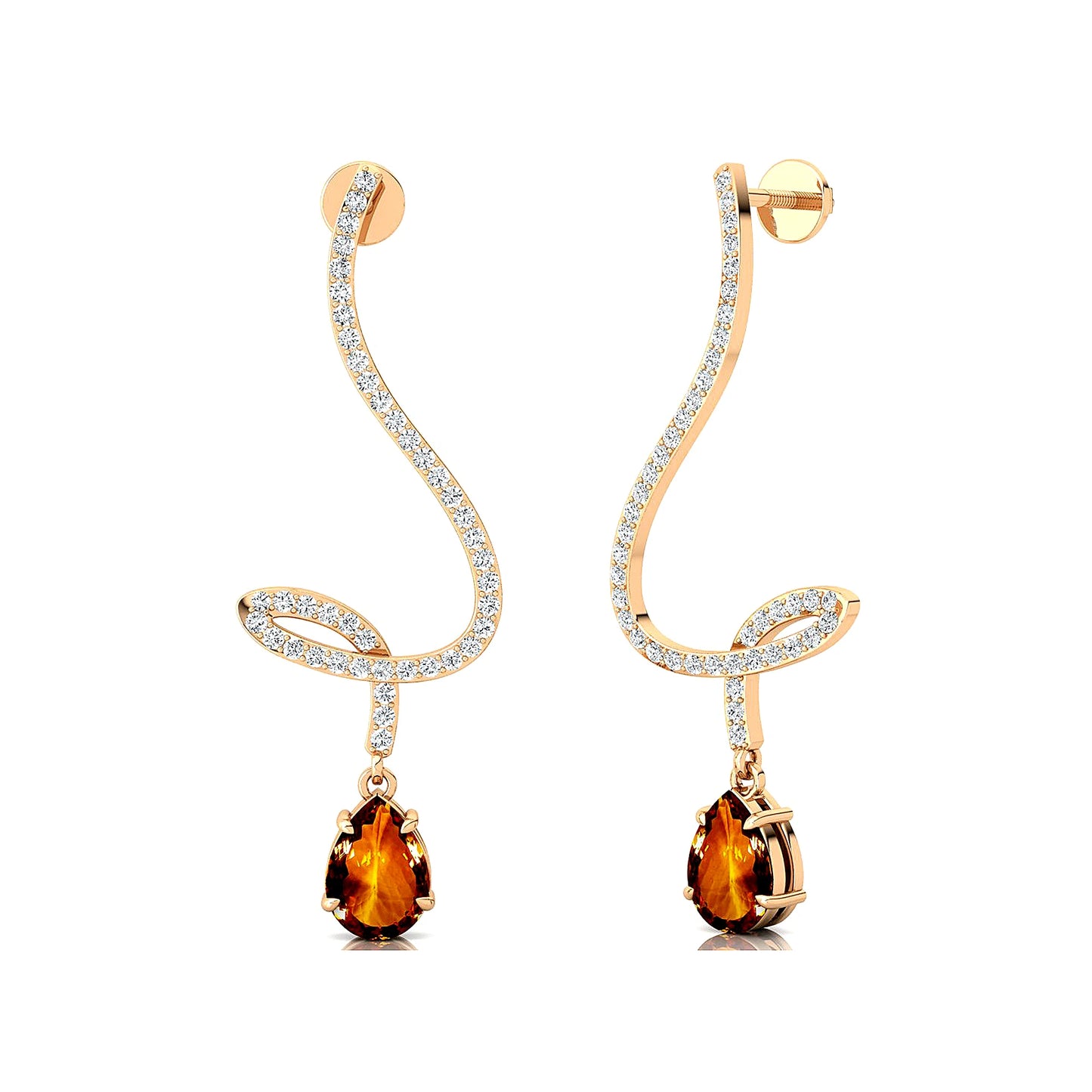 Trendy 18k Solid Gold Dangling Drop Earrings Studs Pear Cut Natural Citrine Gemstone & Real Diamonds Wedding Gift Earrings