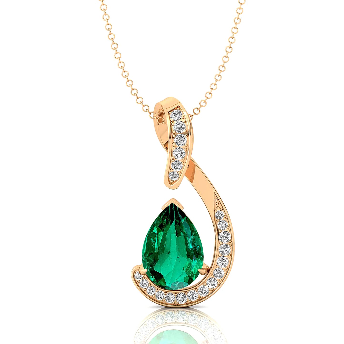 Lab Grown Green Emerald Genuine White Diamond Teardrop Pendant Necklace 14k Solid Gold Cute Delicate Fine Women's Gift Jewelry
