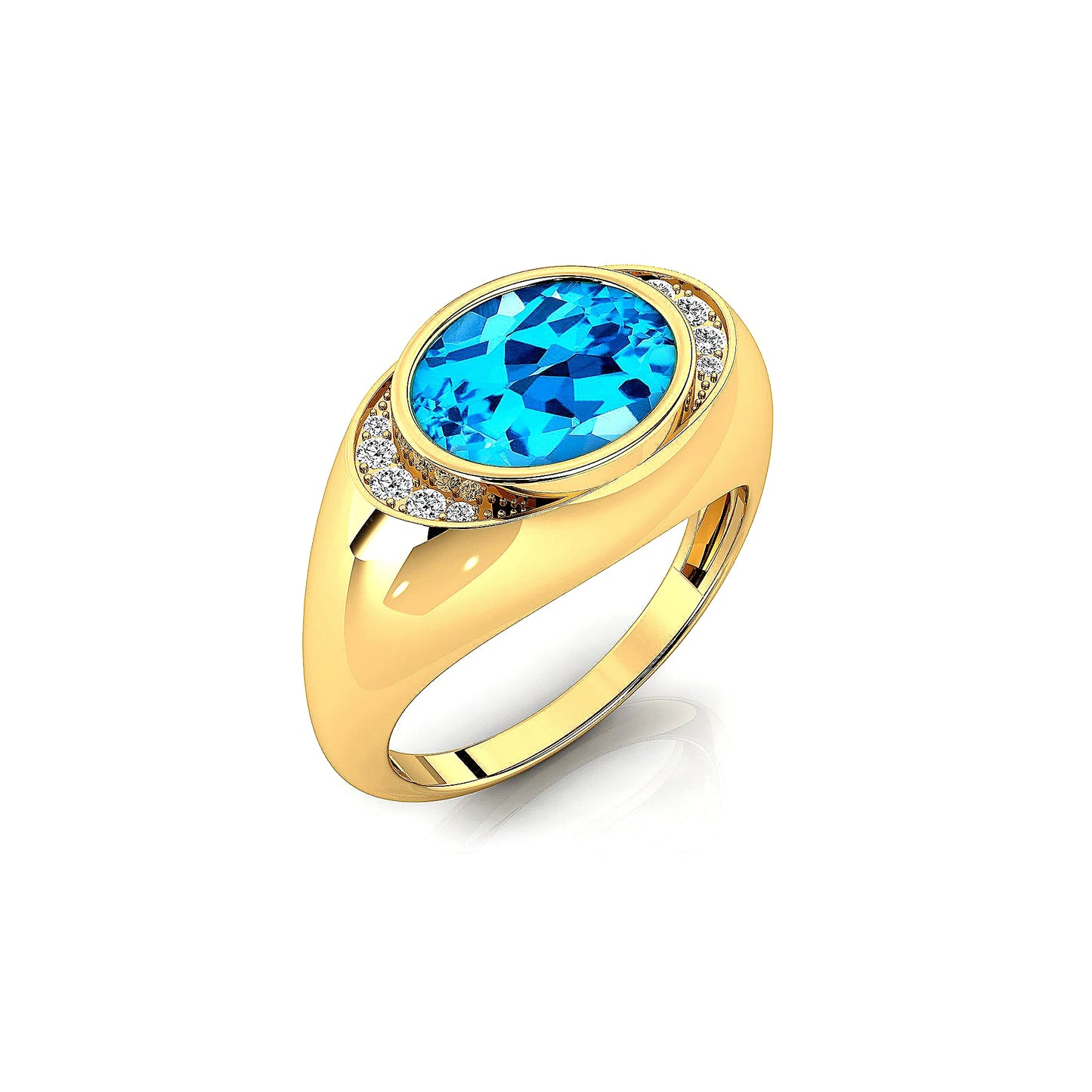 Natural Swiss Blue Topaz Gemstone Wedding Signet Rings With Real Diamonds 18k Solid Rose White Yellow Gold Rhodium Plated Rings