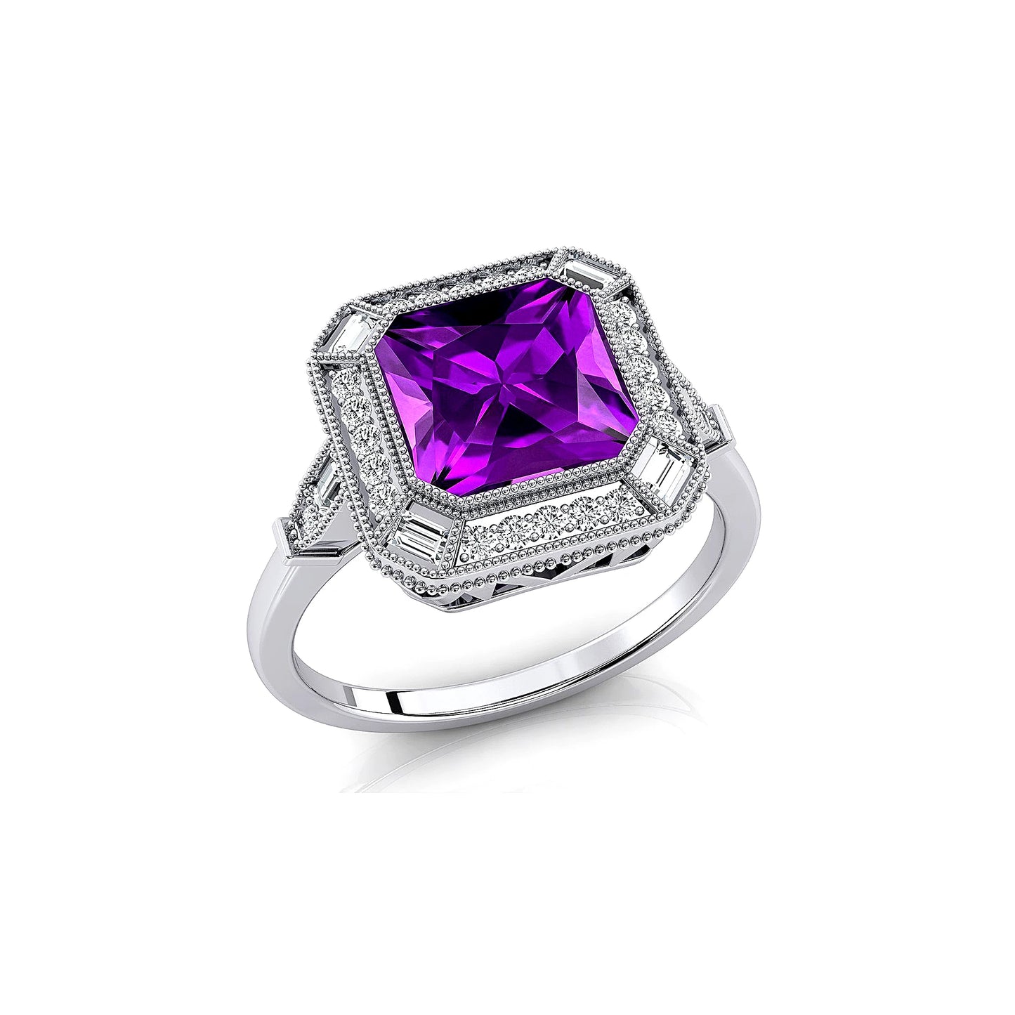 18K Solid Gold Rhodium Plated Natural Amethyst & Real Diamonds Classic Solitaire Engagement Ring Fine Bridal Jewelry