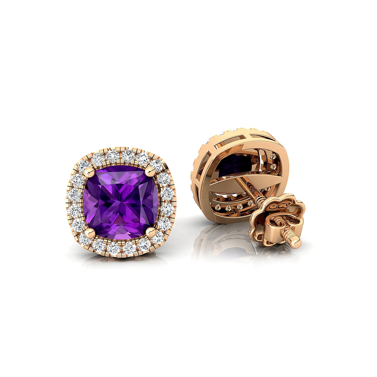 Natural February Birthstone Amethyst Gemstone & Real Diamonds Studded 18k Solid Gold Rhodium Earring Studs Women's Gift