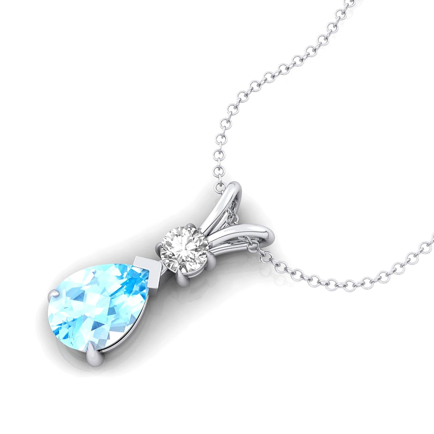14K White/Yellow/Rose Gold Prong Set Diamond & Pear Cut Natural Aquamarine Teardrop Pendant Necklace Solitaire Charm Pendant ODM