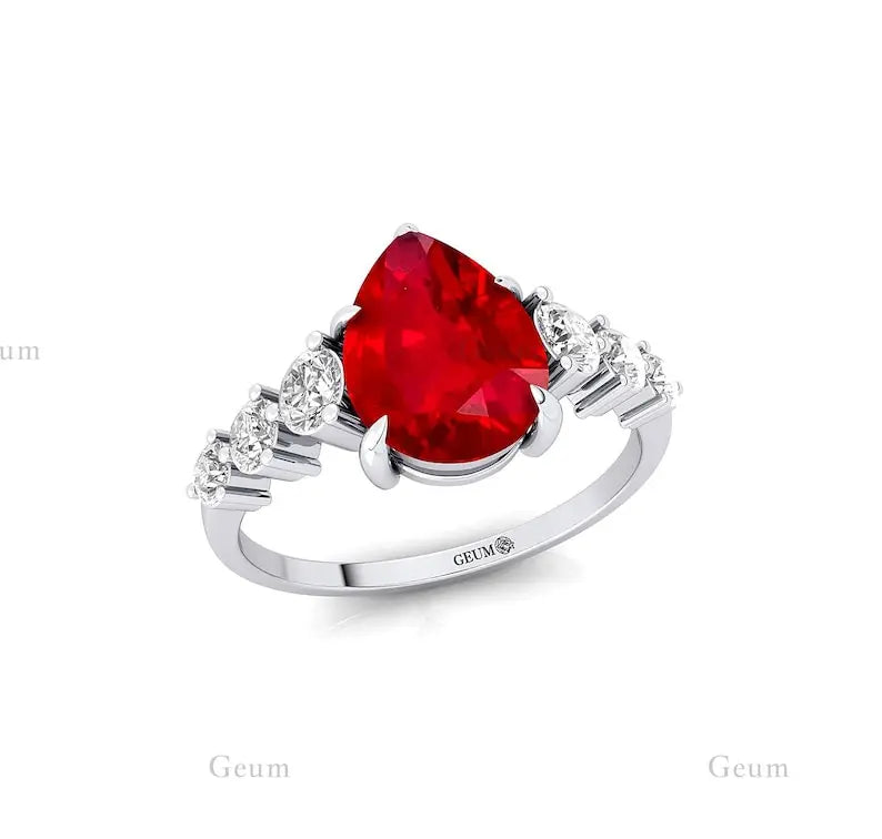 14K Pure Gold Lab Grown Ruby Gemstone & Diamond Band Solitaire Ring New Arrival Classic July Birthstone Party Anniversary Rings