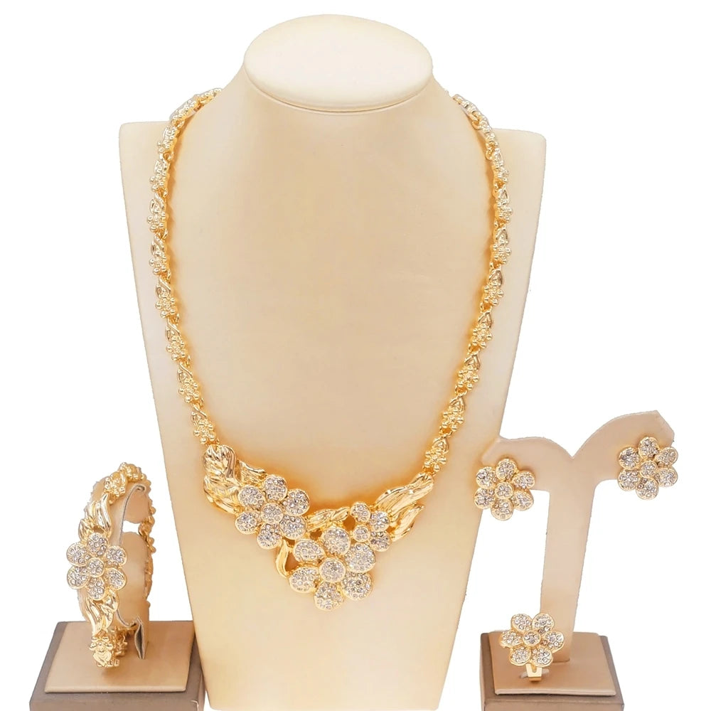 Zhuerrui New Style High Quality Crystal Flower Shape Dating Set Victorian Woman Gift 24K Gold Plated Wedding Jewelry Sets X0118