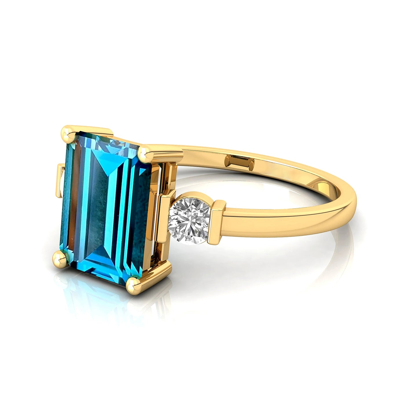Best Selling Emerald Cut Natural London Blue Topaz Gemstone Real Diamond Classic Halo Solitaire Wedding Ring 18k Solid Gold