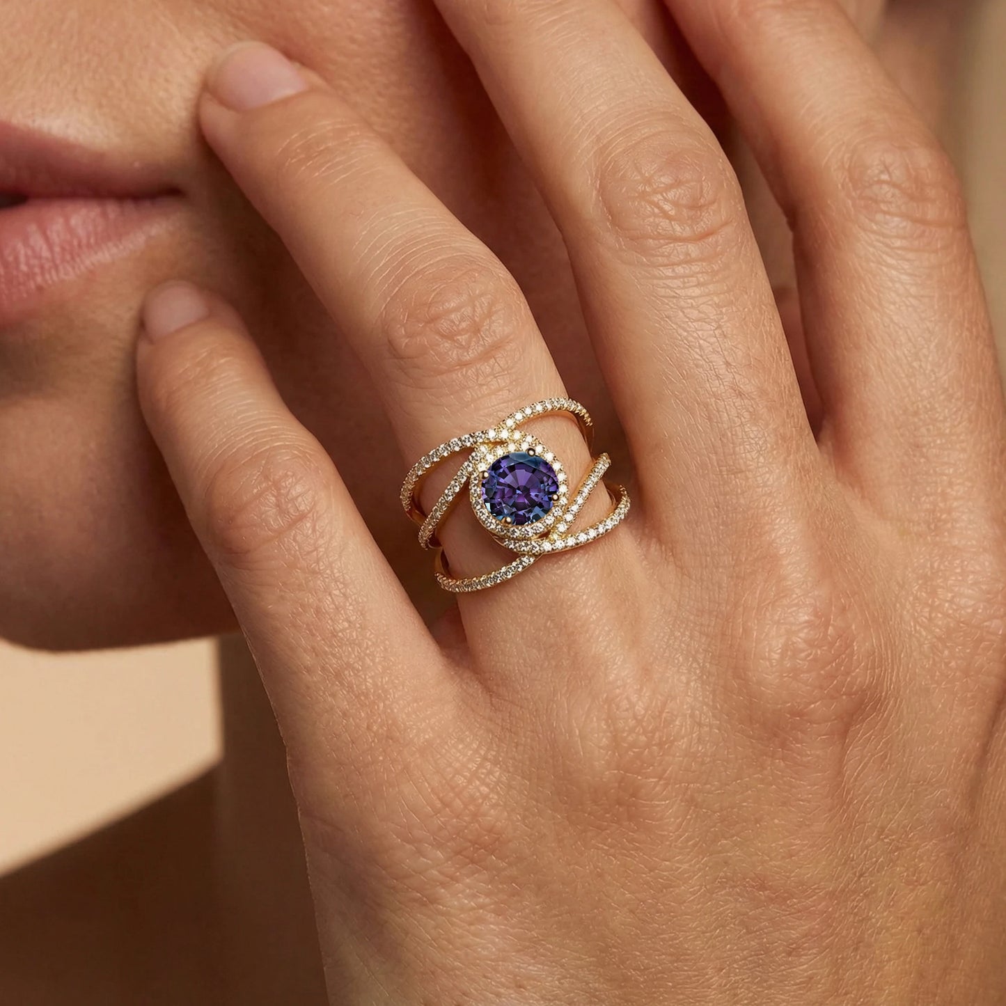 18k Solid Gold Rings Lab Grown Alexandrite Gemstone With Natural Diamonds Classic Wedding Rings Fine Bridal Halo Jewelry Gift