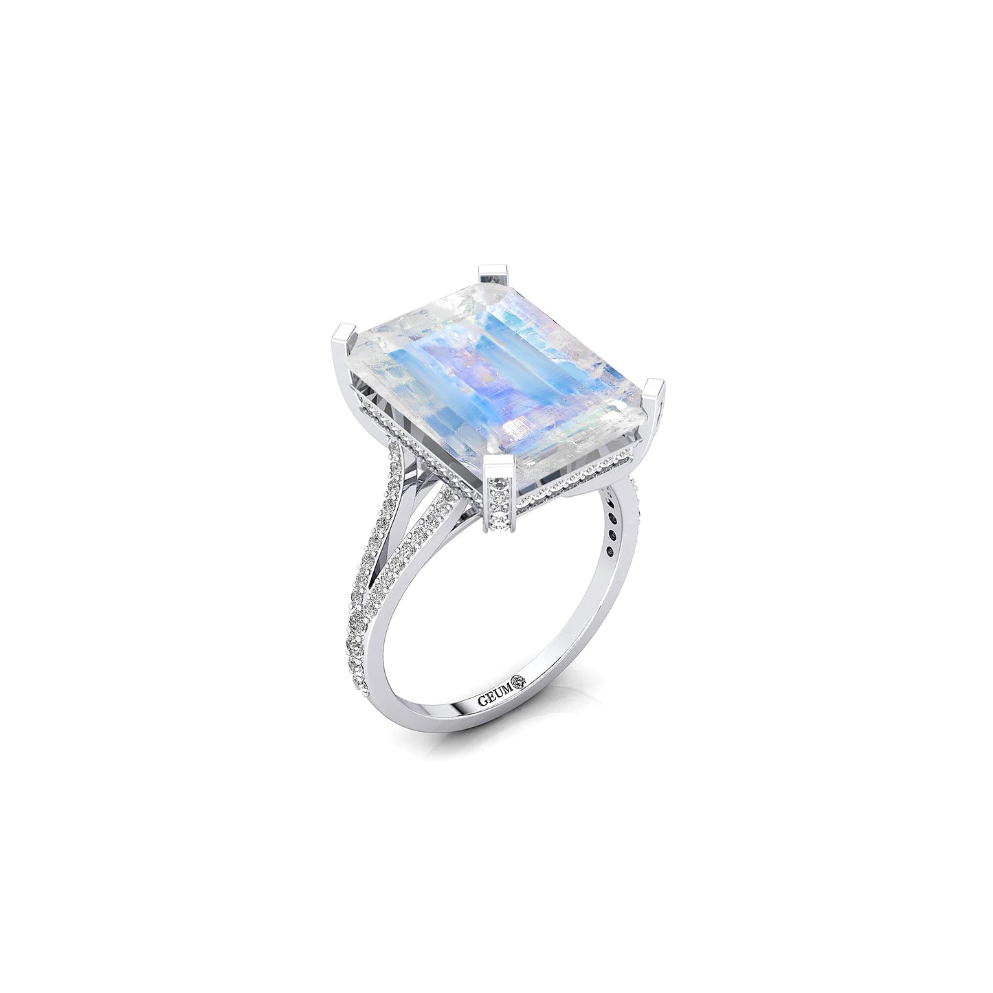 IGI Certified Solid Gold Fine Jewelry Rings Emerald Cut Natural Rainbow Moonstone Gemstone 0.54ct Women Cluster Rings OEM Party
