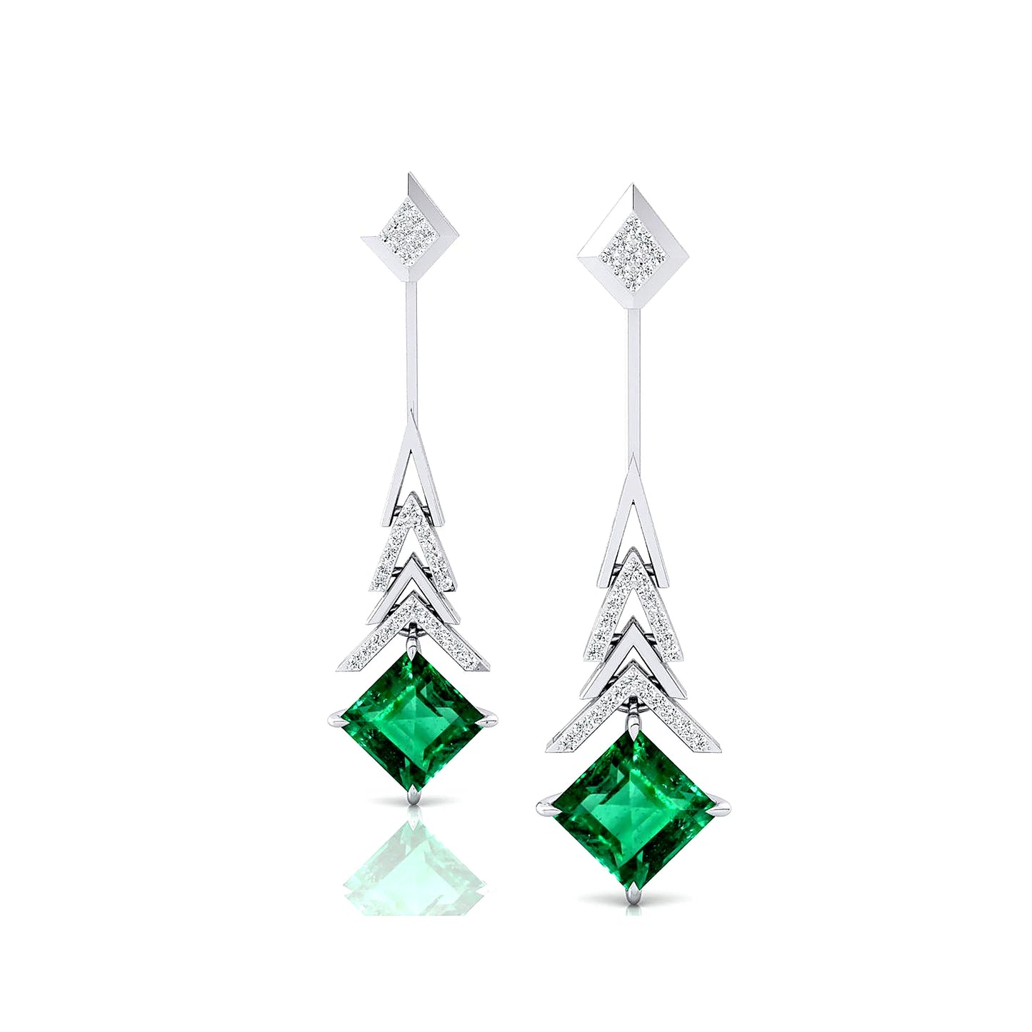 Quality Lab Grown Emerald Dangle Drop Earrings With Diamonds 18k Solid Yellow Gold Rhodium Plated Wedding Party May Birthstone