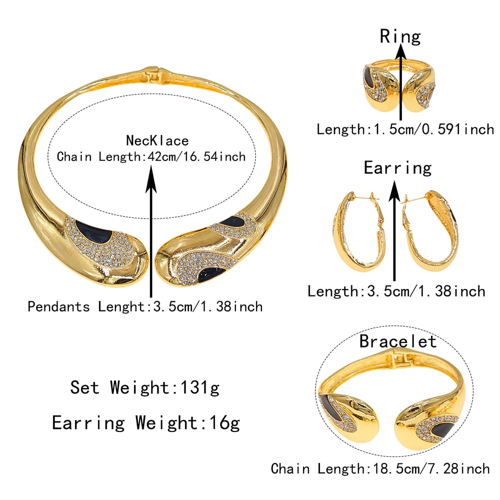 Zhuerrui Dubai Gold Plated Jewelry Set Curved Black Onyx Crystal Necklace Earrings Bracelet Ring Evening Accessory I0002520