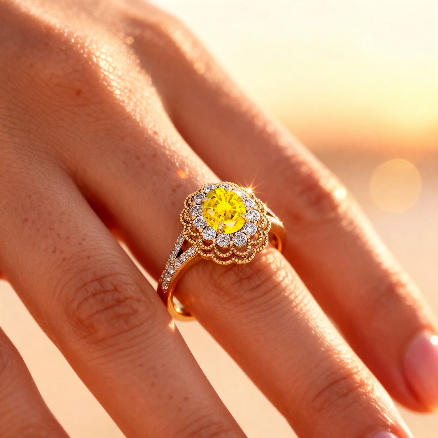 New Arrival Trending 18K Solid Gold Classic Wedding Cluster Ring Lab Grown Yellow Sapphire Gemstone Real Diamonds Wedding Rings