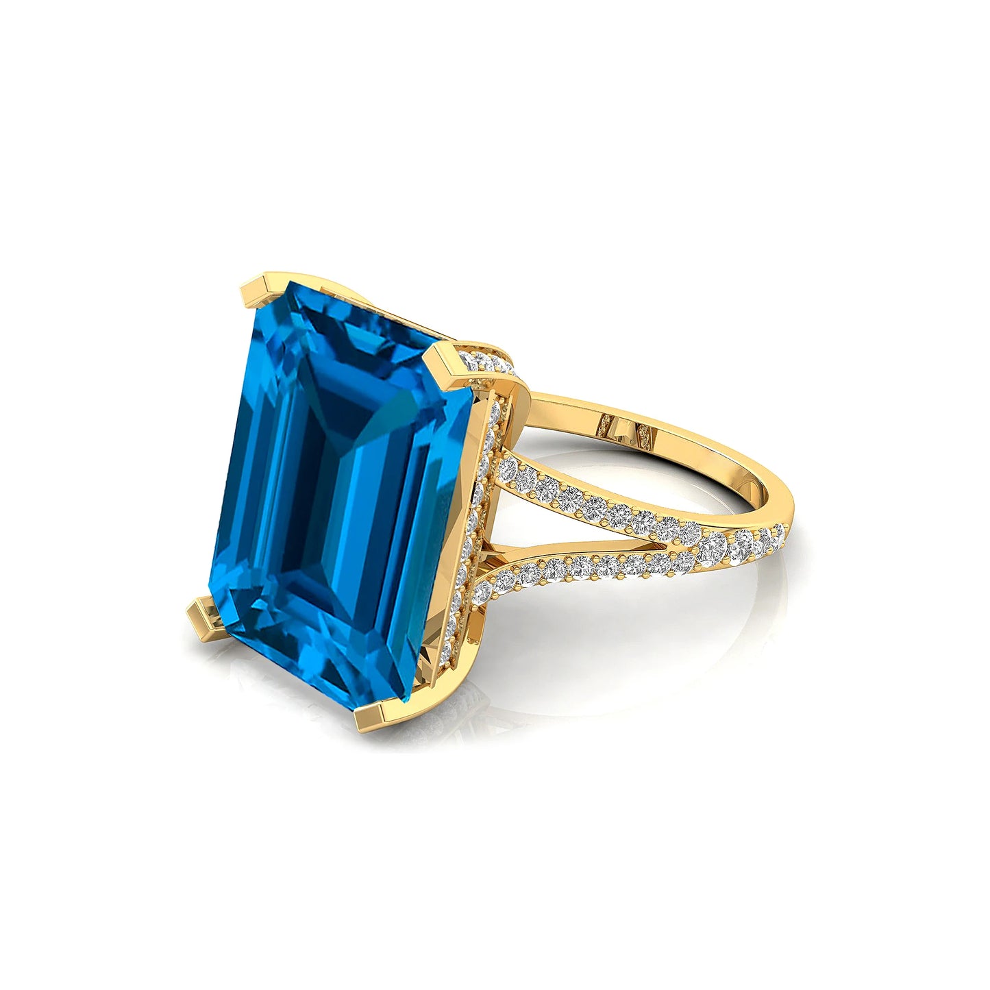18K Pure Gold Natural London Blue Topaz Gemstone 13.5ct Emerald Shape Rings Brilliant Cut 114 Diamonds IGI Certified Unisex