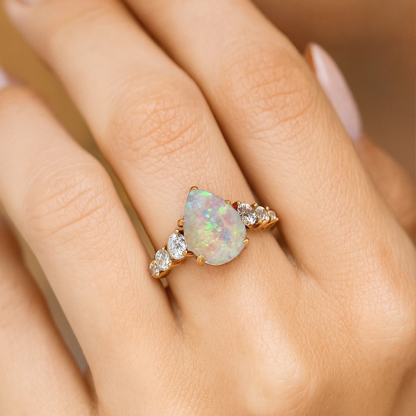 18k Solid Gold Engagement Gift Natural Ethiopian Opal Gemstone Real Diamond Classic Pave Setting Rings Luxurious Bridal Jewelry