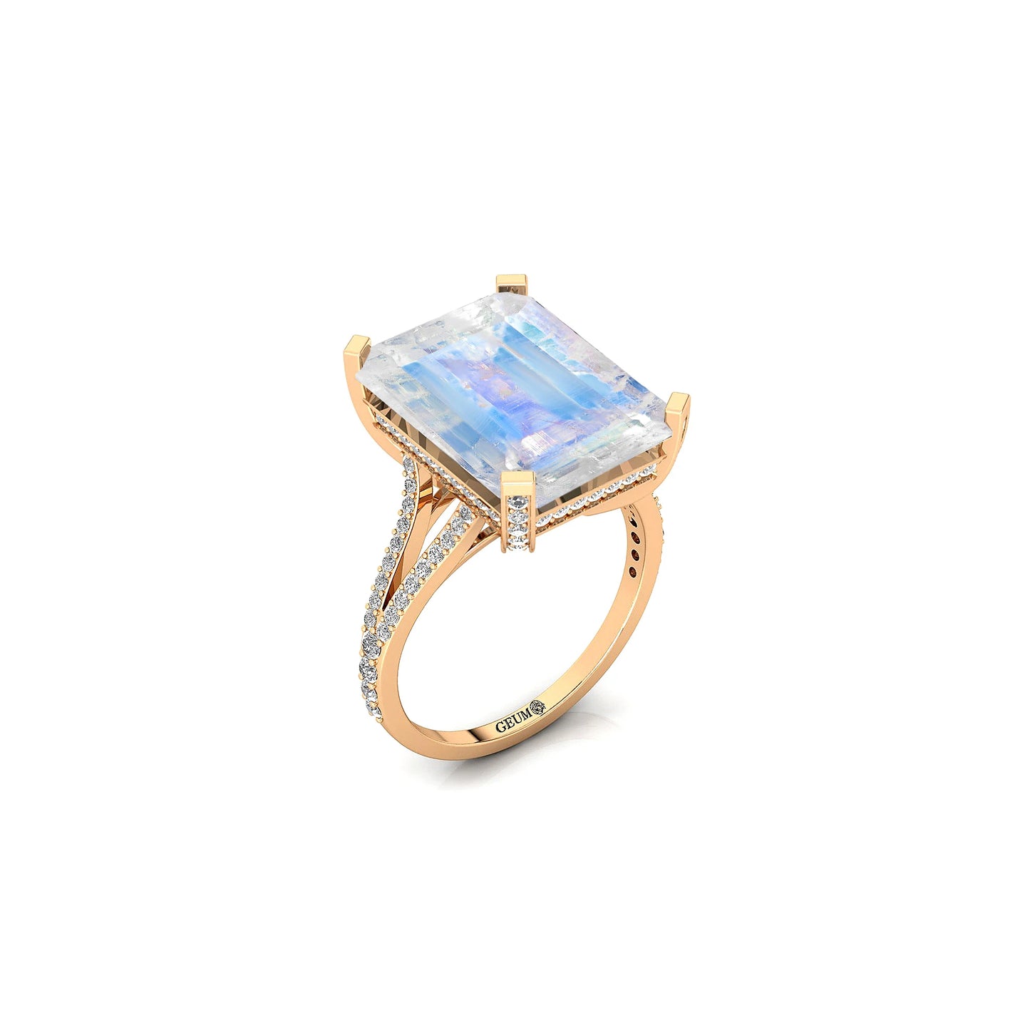 IGI Certified Solid Gold Fine Jewelry Rings Emerald Cut Natural Rainbow Moonstone Gemstone 0.54ct Women Cluster Rings OEM Party