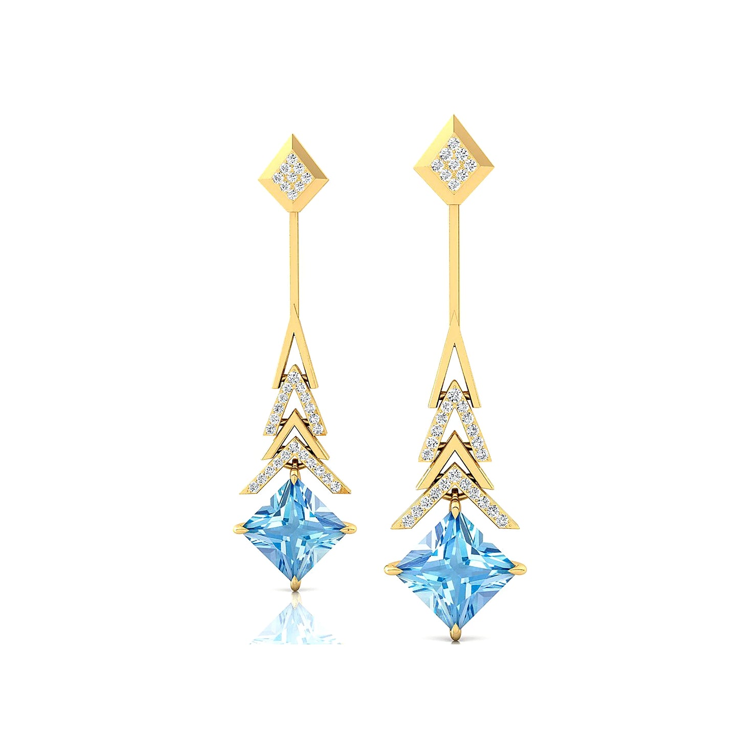 Wedding Party Gift Natural Aquamarine Princess Cut Gemstone Solid Gold Real Diamonds Dangle Drop Earrings Rhodium Plated Jewelry