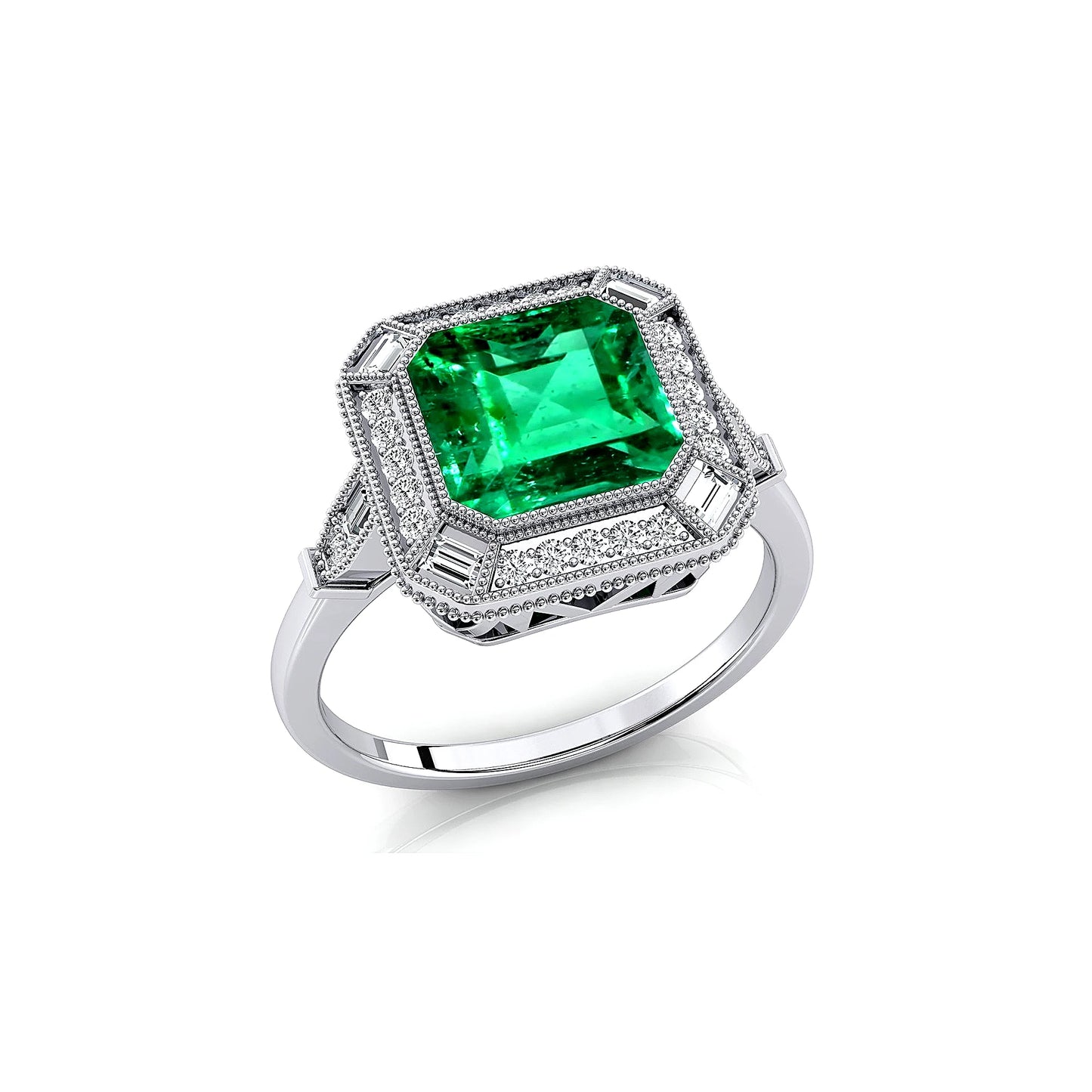 Solid Gold 100% Lab Grown Emerald Gemstone Rhodium Plated Halo Diamonds Solitaire Fine Jewelry Ring Gift For Anniversary