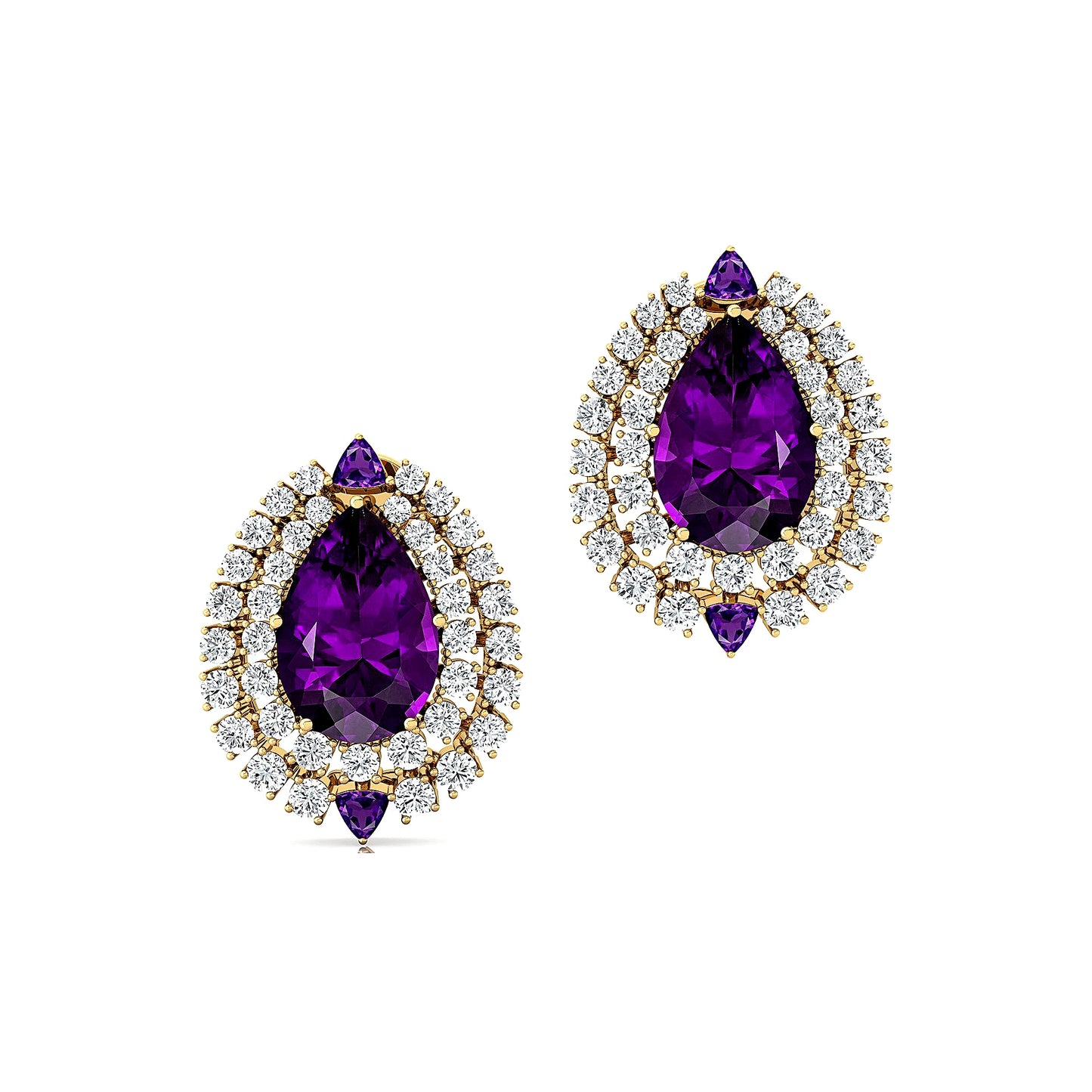 Solid 18k Gold Natural Amethyst Gemstone Diamond Cute Rhodium Plated Luxurious Design Women's Trendy Halo Ear studs For Women