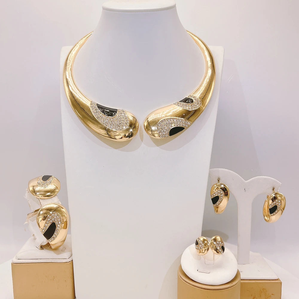 Zhuerrui Dubai Gold Plated Jewelry Set Curved Black Onyx Crystal Necklace Earrings Bracelet Ring Evening Accessory I0002520